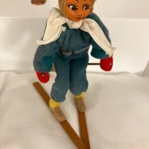 Vintage Roldan Klumpe style felt and cloth Skiing Doll with Red Mittens